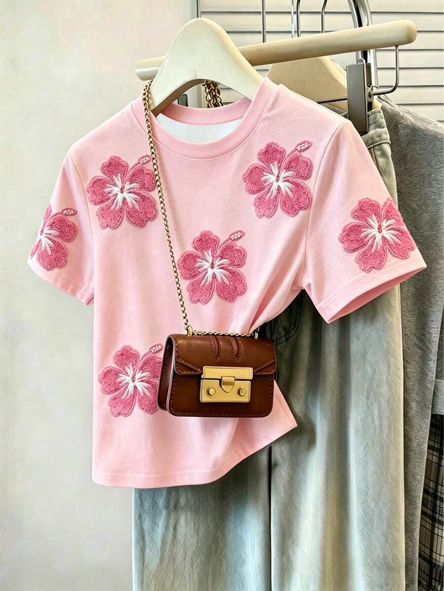Girls' Pink Short T-Shirt With All-Over Floral Print, Basic Versatile Casual Top For Daily Wear, Suitable For Outings And Street Style, Spring, Summer, Autumn - Multicolor - View 1