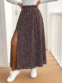 SHEIN Frenchy 女款碎花開衩荷葉邊裙 - 紫色 - 查看 3
