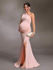 Cheriluna Maternity Elegante vestido de maternidad de un solo hombro para sesión de fotos, vestido largo de noche ajustado de tela brillante con abertura, para sesión de fotos de baby shower, fucsia rosa, verano - Rosa - Ver 7