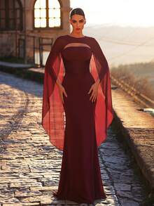 Aureia Elegantes luxuriöses Damen-Abendkleid in Ancara-Rot, elastischer Strick- und Chiffon-Patchwork, handgefaltete Taillendekoration, Meerjungfrau-Schleppe - Kaffeebraun - Übersicht 2