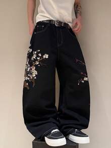 STEELVANCE 男士街頭風做舊水洗對比鉚釘刺繡設計寬鬆直筒寬腿牛仔褲（不含腰帶與配件） - 黑色 - 查看 4