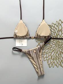 Swim Mod 女款春夏新款特殊面料金屬裝飾V領掛脖露背三角比基尼泳衣兩件套 - 彩色 - 查看 2