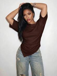 Slaydiva Plus Size Women Solid Color Pleated Casual Versatile Everyday T-Shirt Formal Chocolate Brown Summer - Rust Brown - View 4