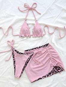 Soleia Plus Size Women Leopard Print Contrast Red Bikini 3 Pieces Set Plus Size Bathing Suits Women - Pink - View 7