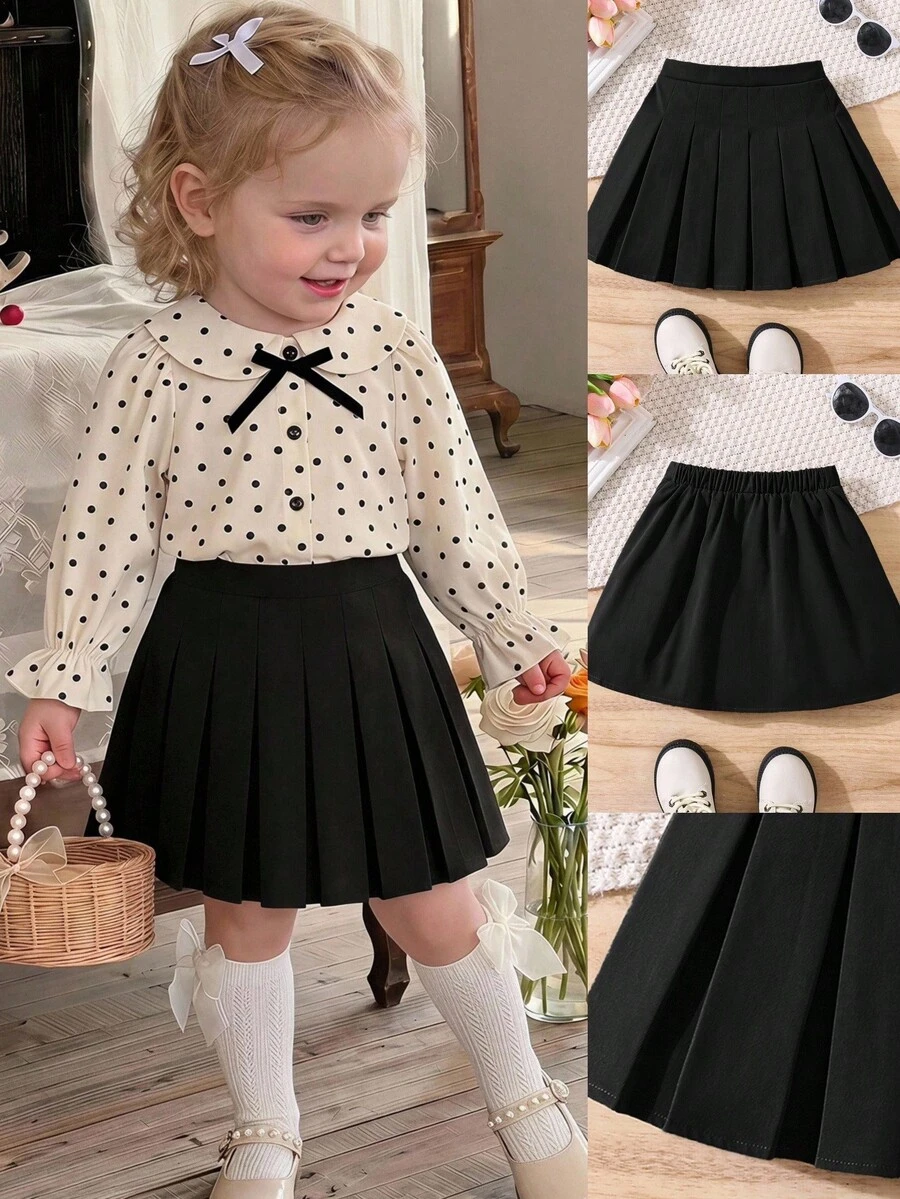SHEIN Baby Girl Woven Solid Color Pleated Skirt - Black - View 1