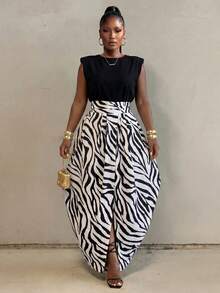 BamGlimmer Plus Size Women's Asymmetrical Striped Pleated Skirt, Suitable For Travel, Vacation, Daily Wear, Back To School, Party Wedding Guest, Summer Elegant - Black and White - View 2