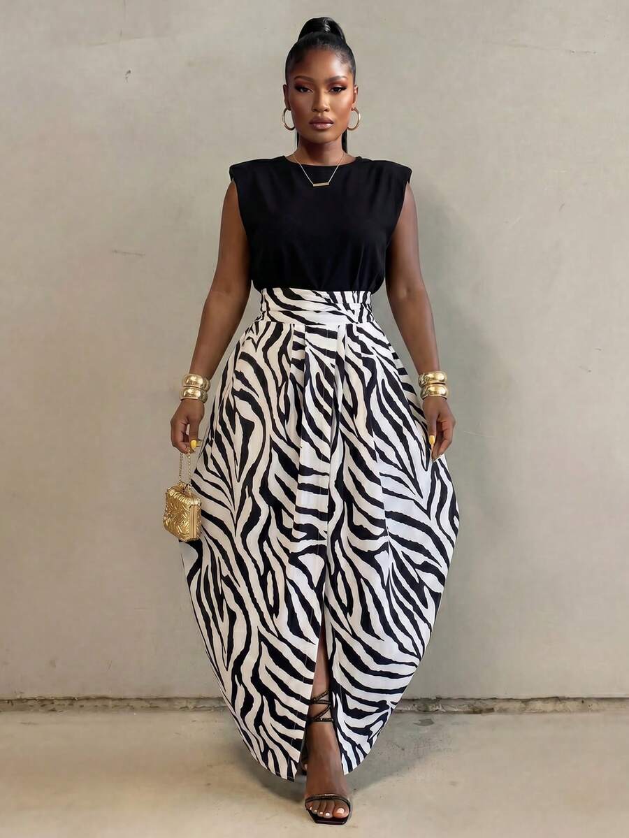 BamGlimmer Plus Size Women's Asymmetrical Striped Pleated Skirt, Suitable For Travel, Vacation, Daily Wear, Back To School, Party Wedding Guest, Summer Elegant
