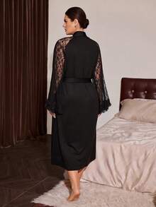 Slumberist Women's Sexy Lace Patchwork Long Plus Size Nightgown - Black - View 2
