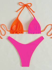 Swim Basics Vacation Beach Colorblock Bikini Set - Hot Pink - View 2