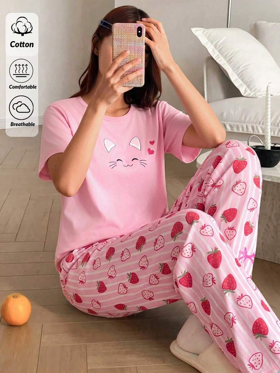 SHEIN Cotton Line 女款可愛粉色貓咪圖案圓領短袖上衣與高腰草莓 - 粉色 - 查看 1
