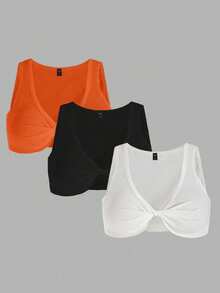 SHEIN 夏季女士纯色扭纹设计短款宽肩带背心 - 彩色 - 查看 3
