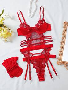 Spicy Aura Guipure Lace Underwire Garter Bustier Set With Stockings, Lingerie Bridallingerie - Red - View 6