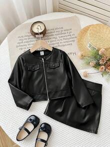 SHEIN 少女黑色長袖外套與緊身迷你裙套裝 秋冬款 - 黑色 - 查看 6