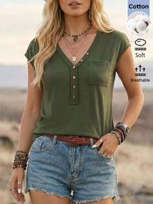 SHEIN LUNE Women's Casual Summer Vacation Commute Daily Basic Fashion Outing Outfit Short Sleeve V-Neck T-Shirt - Green - View 2