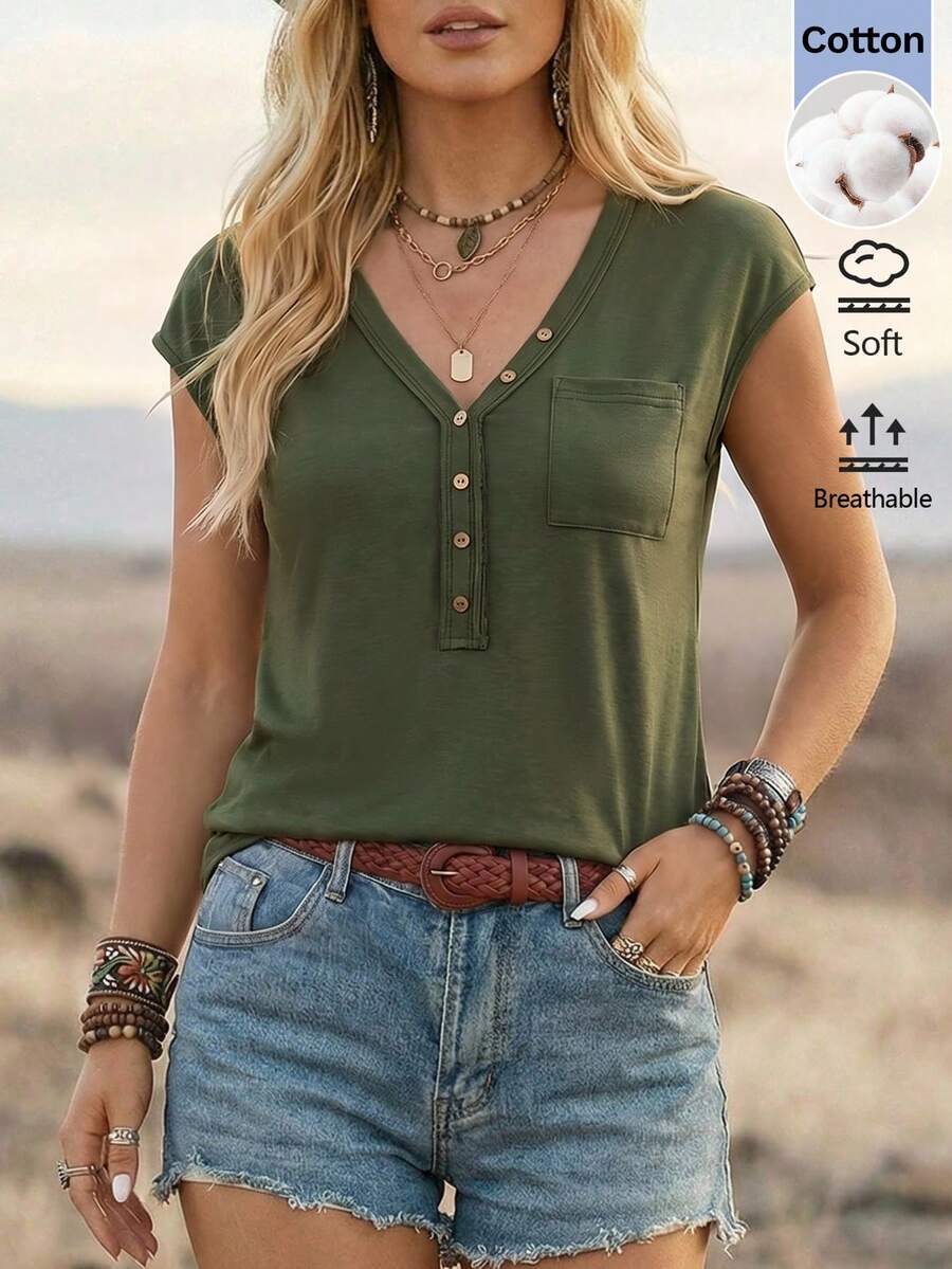 SHEIN LUNE Women's Casual Summer Vacation Commute Daily Basic Fashion Outing Outfit Short Sleeve V-Neck T-Shirt