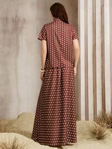 Franclia Women's Tie Neck Short Sleeve Blouse Skirt Vintage 70s French 2 Pieces Set Office Garden Party Date Tea Party Brown And White Polka Dot Summer - Coffee Brown - View 3