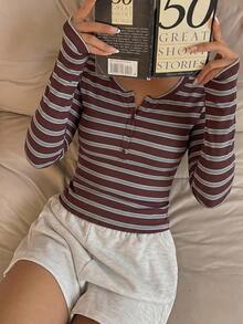 CovetEZ 女款休閒極簡秋季棕色條紋半鈕扣羅紋針織修身T恤，適合日常通勤、派對、秋冬/夏季、聖誕節、新年、感恩節、婚禮、海灘、畢業典禮、優雅、外出、約會、情人節、度假、Y2K - 彩色 - 查看 4