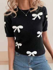 Weeklong Plus Size Women's Spring/Autumn Casual Style Minimalist Versatile Bow Jacquard Round Neck Short Sleeve Cropped Loose Knit Top Fall - Black - View 3