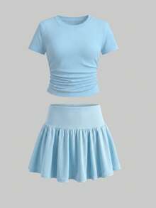 Tween Girls 2pcs/Set Solid Color Round Neck Fashion Short Sleeve T-Shirt And Mini Skirt Casual Set Back To School, Summer, Minimalist, Comfortable - Blue - View 7