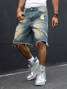 Manfinity EMRG Shorts de mezclilla estilo callejero americano con patchwork, deshilachados y desgastados - Azul - Ver 1