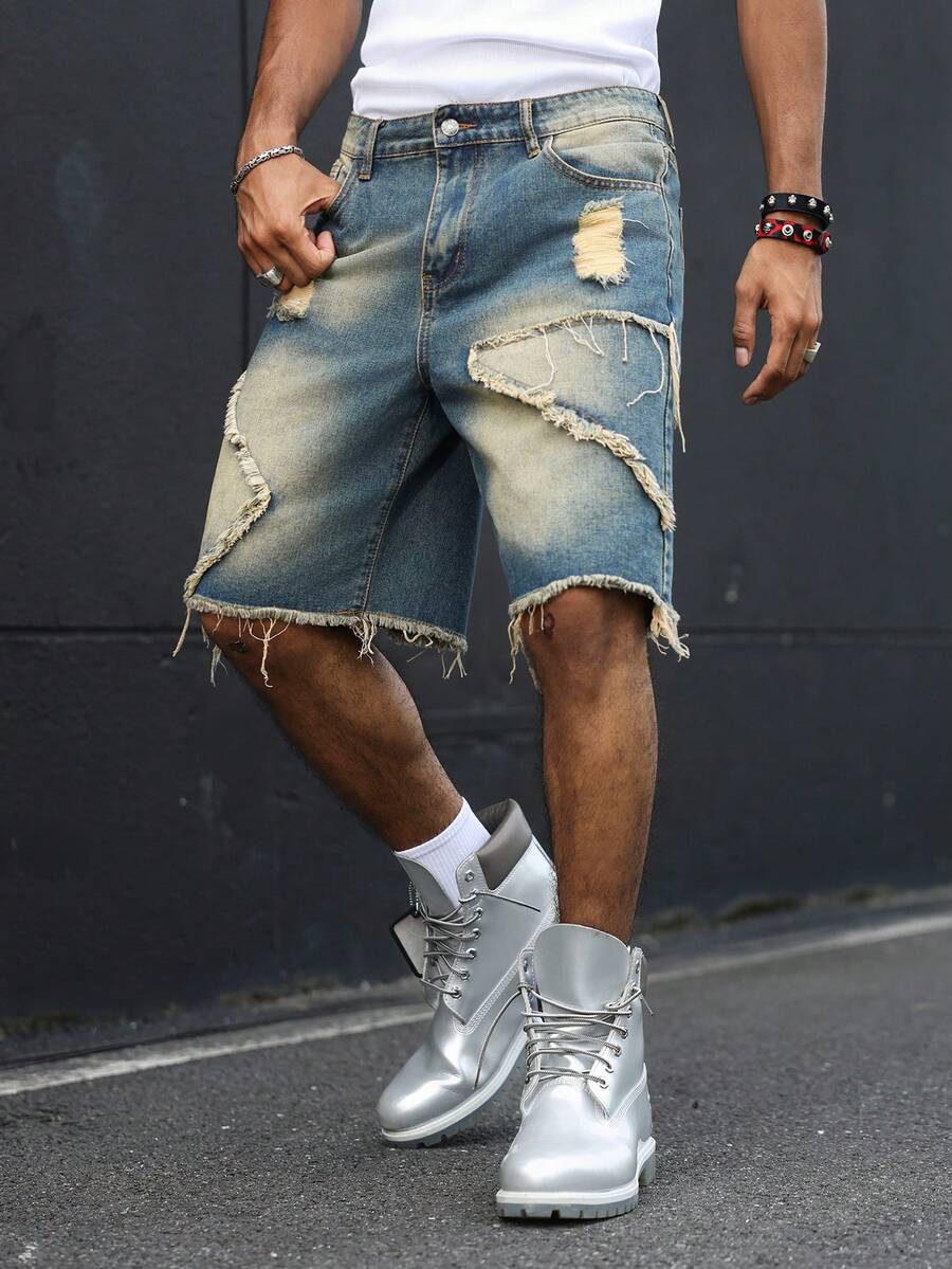 Manfinity EMRG Shorts de mezclilla estilo callejero americano con patchwork, deshilachados y desgastados - Azul - Ver 1