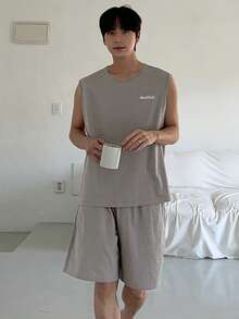 DAZY 男士夏季字母印花灰色背心和短裤休闲服套装睡衣 - 灰色 - 查看 8