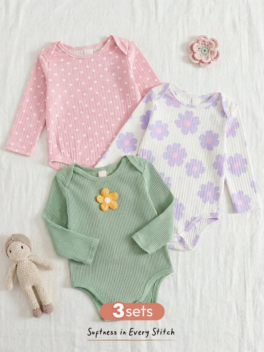 Cozy Pixies Baby Girl Floral Print Knit Soft Round Neck Long Sleeve Autumn Winter Bodysuit 3pcs Pieces Set Versatile Comfortable - Multicolor - View 1