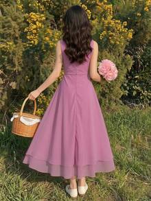 SHEIN Tween Girls Elegant Back To School Party Summer Dusty Pink Chiffon Rnd Neck Twisted Waist Dress Sixth Form,Graduation,Party - Dusty Pink - View 2