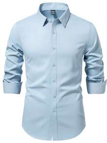 Manfinity Mode Camisa casual de unicolor de un solo pecho para hombres, para uso diario, viajes y desplazamientos - Celeste - Ver 1
