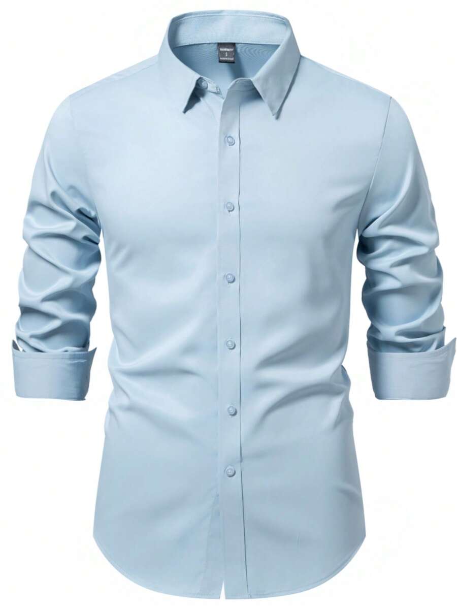 Manfinity Mode Camisa casual de unicolor de un solo pecho para hombres, para uso diario, viajes y desplazamientos - Celeste - Ver 1