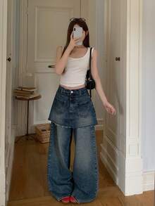 DAZY Celana Jeans Denim Wanita 2 In 1 Gaya Korea Serbaguna untuk Semua Musim, Tampil Awet Muda, Cocok untuk Musim Gugur - Biru - View 1