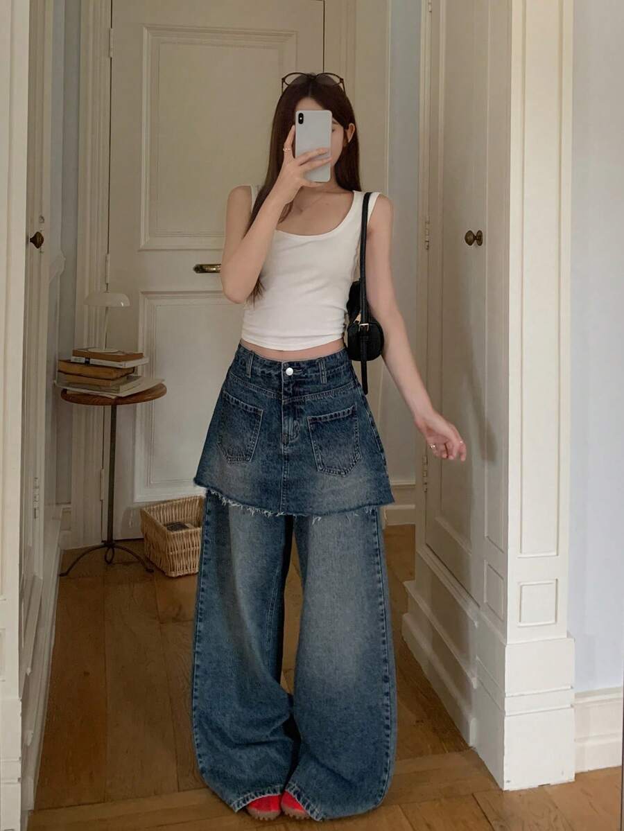 DAZY Celana Jeans Denim Wanita 2 In 1 Gaya Korea Serbaguna untuk Semua Musim, Tampil Awet Muda, Cocok untuk Musim Gugur - Biru - View 1