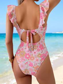 Swim Vcay 女款夏季度假海灘碎花荷葉邊繫帶連身泳衣套裝 - 粉色 - 查看 2