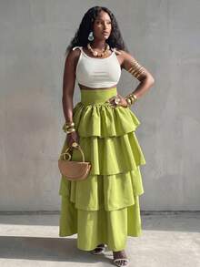 BamGlimmer Plus Size Women's High Waist Green Multi-Layer Ruffle Skirt, Suitable For Casual, Party, Daily Commute - Green - View 8