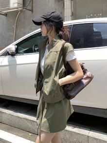DAZY 女款無袖背心與裙子純色韓風兩件套夏季居家休閒套裝 - 軍綠色 - 查看 5