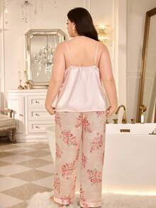 MuseNap CURVE Plus Size Women's 2-Piece Pajama Set, Satin Solid Color Top And Floral Print Pants - Pink - View 2