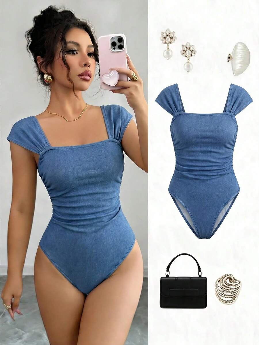 Elenzga Women's Square Neck Pleated Slim Fit Denim Jumpsuit - Blue - View 1