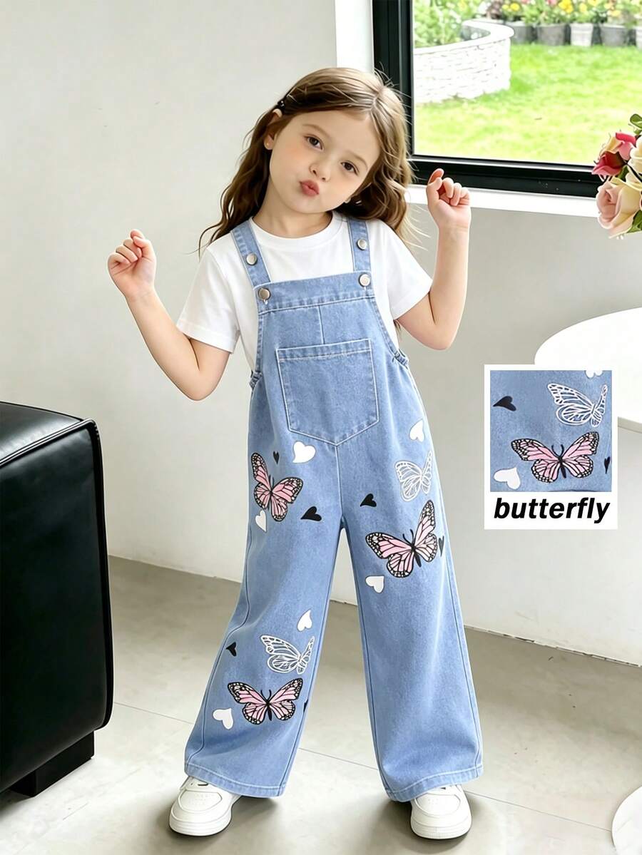 Elladie kids 少女可爱卡通蝴蝶印花牛仔背带裤,夏季休闲时尚 - 淺色水洗藍 - 查看 1