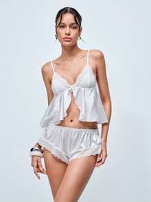 Softvol Women's Lace Trimmed Bowknot Decor Sexy Lingerie Set - White - View 1