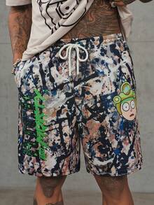 Rick and Morty X SHEIN Men's Letter Cartoon Print Short Sleeve T-Shirt And Shorts Set - Khaki - View 7