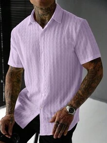SLATEMANN Men's Solid Color Single-Breasted Casual Short Sleeve Shirt - Purple - View 5