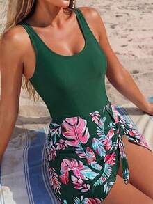 Swim Lushoire 2pcs/Set Spring/Summer New Multi-Color Tropical Floral & Solid Print Casual Vacation Beach Wear Swimsuit For Women - Multicolor - View 4