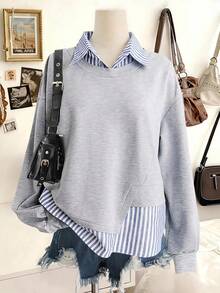 Tween Girl Tween Girl Spring/Autumn New Fashionable Stylish Casual Versatile Design 2 In 1 Linen Striped Patchwork Turn-Down Collar Daily Commute Sweatshirt - Multicolor - View 3