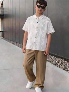 SHEIN 2件組青少年男孩寬鬆對比色圖案印花 Polo 領短袖針織上衣套裝，休閒風格 - 彩色 - 查看 9