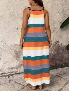 Breezaya Spring Summer Autumn Casual Comfortable Striped Fabric Shoulder Strap Design Multi-Color Plus Size Dress - Multicolor - View 2