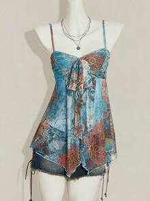 SHEIN ICON Women's Green Floral Print Mesh Camisole Tank Top, Casual Vacation Style - Multicolor - View 3