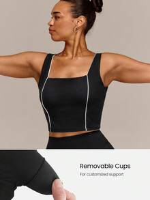GLOWMODE Áo tank dáng ngắn FeatherFit™ Sporty Flow lưng chéo, viền tương phản, có cúp ngực tháo rời, tác động thấp, size lớn, cho yoga, pilates, studio và hoạt động hàng ngày - màu đen - Xem 4