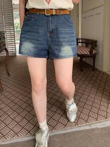 Dazy Plus Vintage Denim Washed Distressed Straight Leg Casual Denim Shorts, Versatile For Spring/Summer, Plus Size Women - Dark Wash - View 2