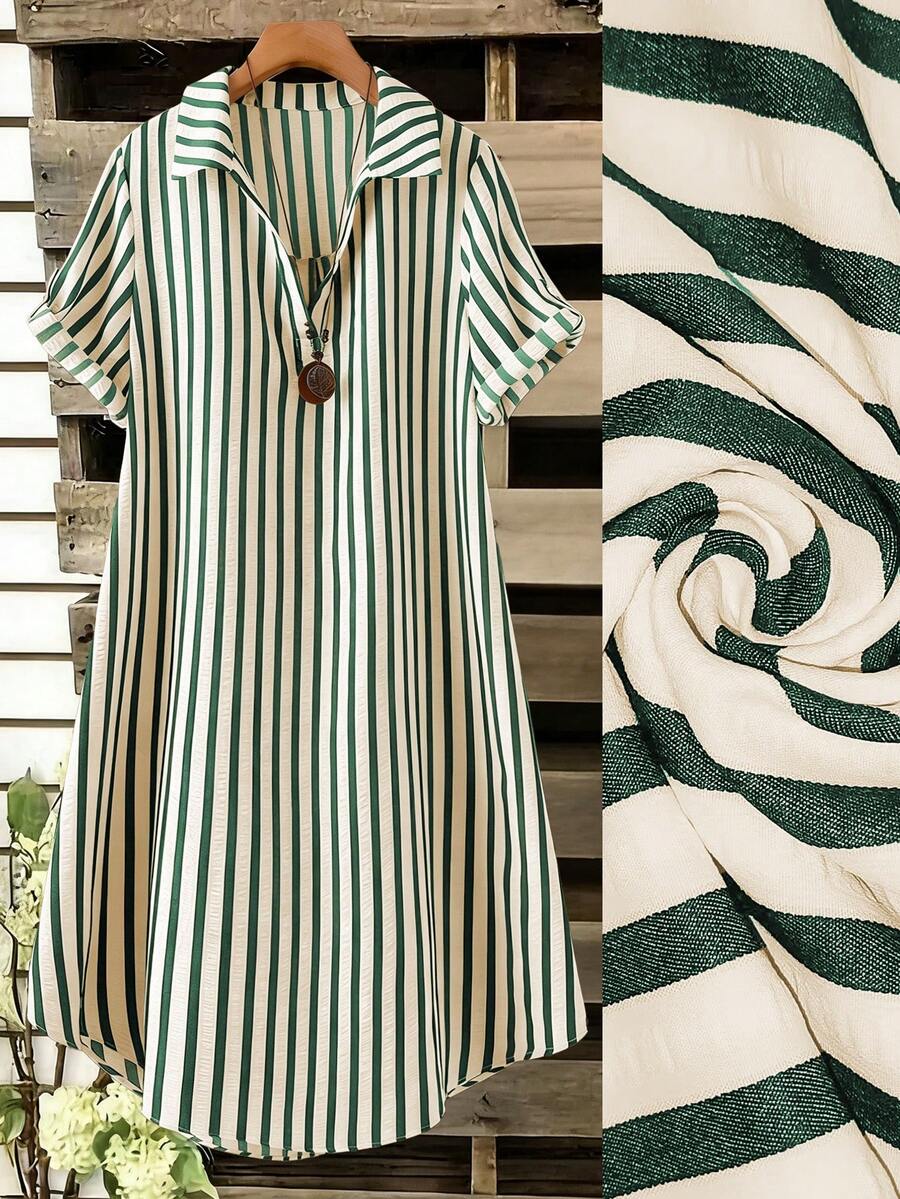 SHEIN Tall CURVE 大尺碼女款法式休閒夏季短袖V領長版洋裝 - 墨綠色 - 查看 1