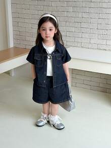 Dazy Kids Baby Girls' Collared Short Sleeve Shirt & Loose Denim Shorts Set Summer - Blue - View 8